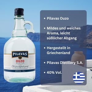 Ouzo Pilavas Nektar | 1,0l Karaffe + 2 Gläser| 40% Vol. | Aus Griechenland |+20ml Jassas Olivenöl