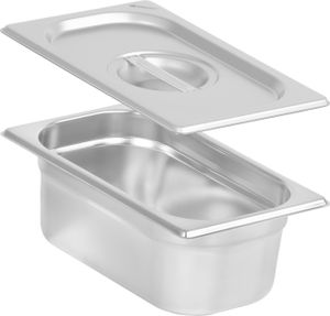 Nádoba na jídlo GN 1/4 s víkem, výška 100 mm, ohřívací nádoba z nerezové oceli, vhodná pro chafing dish
