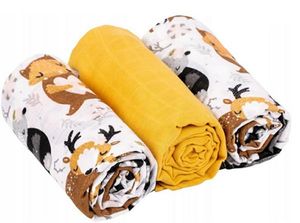 Musselin Tücher Mullwindeln Baby Spucktücher Mulltücher 70x80 cm Baumwolle  3er Pack Tiere/Senf