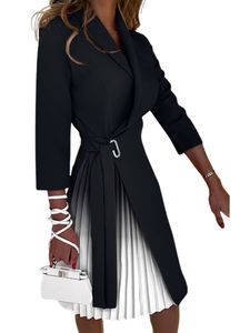 Damen Blazer mit Gürtel Midi Kleider Casual Kleid 3/16 Lange Ärmel Longblazer Mantel Farbe:Schwarzer Stift,Größe S