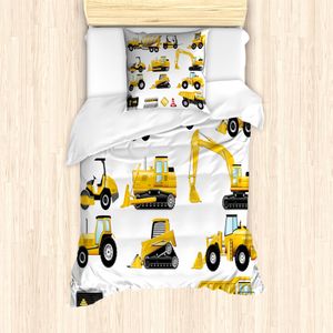 ABAKUHAUS Baustelle Bettbezug Set für Einzelbetten, Portalstapler Kran LKW, Milbensicher Allergiker geeignet mit Kissenbezug, Braun Gelb Anthrazit grau und Zinnoberrot