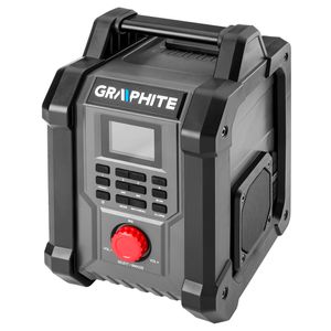 GRAPHITE Kabelloses 18-Volt-Bauradio, 2 leistungsstarke 15-Watt-Lautsprecher sowie USB- und AUX-Buchsen. F, unterstützt 30 UKW-Sender (87,5 - 108 mHZ), 30 DAB-Sender (174 - 240 mHz) und Bluetooth 5.0, Bluetooth-Frequenz 2,4 GHz, Bluetooth-Signalreichweite 10 m, Nennimpedanz 4Ω, Signal-Rauschabstand 60 dB, einschlaf-, Weck- und Uhrfunktionen mit automatischer Einstellung, 2,4-Zoll-Farbdisplay mit Optionen für Hell- und Dunkelschaltung, halterung für Telefon, gewicht 2,75 kg