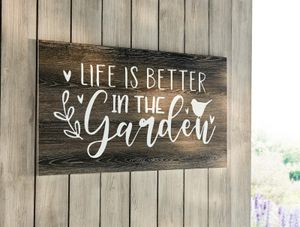 Metall Wandbild "Life ist better in the Garden" braun in Holz Optik, Metallbild, Wanddeko