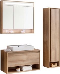 Fackelmann NATURA Badmöbelset 4-teilig, 94 cm, Braun hell + Spiegelschrank + Hochschrank