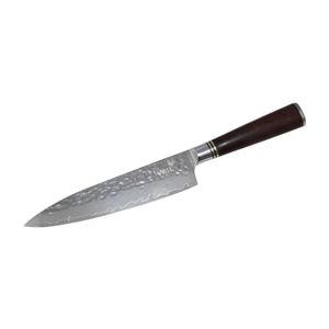 Damastmesser 33cm, Kochmesser aus 67 Lagen Messerstahl, mit Maserholz Griff und Hammerschlag Muster