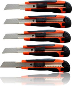 5er Set Cuttermesser 18mm Klingenbreite | scharfe Cuttermesserklingen | Teppichmesser für Heimwerker | Paketmesser | Allzweckmesser mit Klingenfixierung | Profi Kartonmesser [ergonomischer Griff]