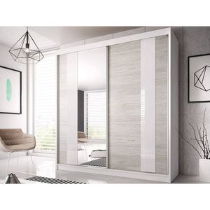 Schwebetürenschrank Kleiderschrank Schrank Garderobe Spiegel Multi 32 - 200 cm (Weiß/Kathult) + Spiegel und LED-Beleuchtung