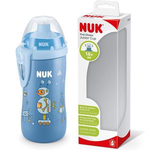 NUK Junior Cup Trinklernflasche mit Push-Pull-Tülle | 300ml | ab 18 Monaten | auslaufsicher | Clip | BPA frei | Roboter, blau
