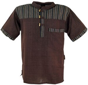 Nepal Fischerhemd, Gestreiftes Goa Hippie Kurzarmhemd - Coffee, Herren, Braun, Baumwolle, Größe: M
