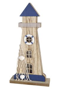 Toller beleuchteter Leuchtturm als Holzaufsteller, top angesagt, maritimer Stil, Modell: TOP OF , Farbe Azurblau, Highlight ist die schöne LED Beleuchtung in den Fenstern