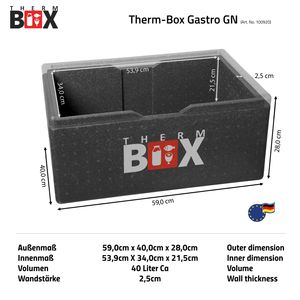 THERM BOX Styroporbox Groß 40-Liter Isolierbox Thermobox Warmhaltebox Kühlbox Thermobehälter GN Innen: 53,9x34x21,5cm