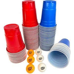 Red und Blue Party-Becher Set - 50 blaue & 50 rote Beer-Pong Cups inkl. 6 Ping-Pong Bällen (3 Orange, 3 Weiß) - 473 ml (16oz) - Trinkbecher - Bier-Pong Set