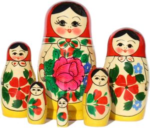 Matroschka Puppen Babuschka Holzpuppen rotes Tuch Set aus 6 Figuren 13cm hoch