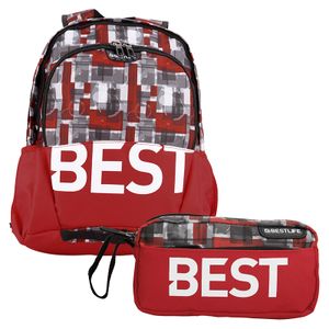 BESTLIFE Unisex Rucksack und Federmäppchen im SET „TASKU“ Schultasche Freizeittasche mit Laptopfach bis 15,6 Zoll (39,6cm), rot