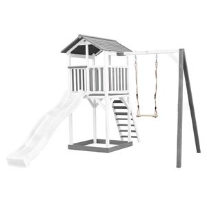 AXI Beach Tower Spielturm aus Holz in Weiß & Grau | Spielhaus für Kinder mit weißer Rutsche, Schaukel und Sandkasten | Stelzenhaus für den Garten