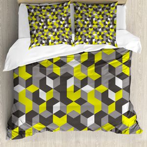 ABAKUHAUS Grau und Gelb Bettbezug, Moderne Box Cubes, Milbensicher Allergiker geeignet mit Kissenbezügen, 200 cm x 200 cm - 80 x 80 cm, Senfgelb