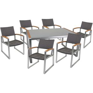Tischgruppe, Aluminium, geflechtet, Glas, silber, Höhe 84 cm