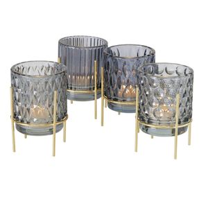 4tlg Set Windlicht Noria mit Ständer grau gold Weihnachts-Kerzen Teelicht-Halter