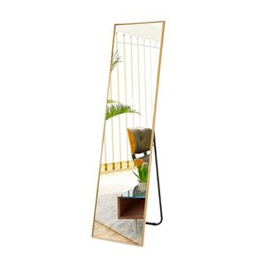 SensaHome Celoplošné zrkadlo - Nástenné zrkadlo v minimalistickom dizajne - Stojace obdĺžnikové zrkadlo s kovovým okrajom - Zlaté - 39 x 156 x 4 cm