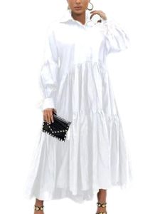 Maxikleider Ladies Plain Dresses Herbstknopf Down Hemd Kleid Riched Revers Kragen ,Farbe:Weiß,Größe:S