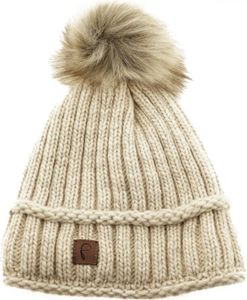 Faera Wintermütze warm gefüttert mit Kunstfell Bommel-Mütze Fleece-Futter Winter Strick-Mütze Beanie-Mütze