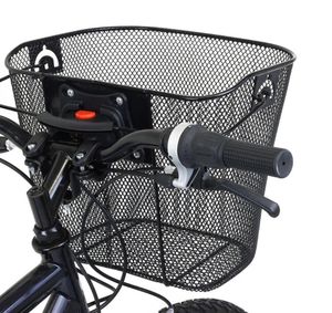 Univerzální odnímatelný košík na přední a zadní kolo | Nosnost: 3,5 kg | Košík na řídítka [úzký s oky] s připevněním na klip | Nákupní košík na přední kolo z oceli | Víceúčelový košík černý s rukojetí pro přenášení