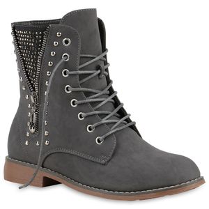 Mytrendshoe Damen Stiefeletten Worker Boots Schnürstiefel Nieten Schuhe 813234, Farbe: Grau, Größe: 36