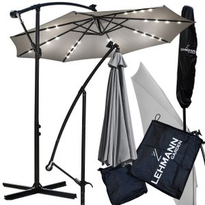 Parasol ogrodowy LEHMANN FLASH z lampkami solarnymi, składany 350 cm średnicy, kolor szary, mozliwość regulacji konta nachylenia, z pokrowcem