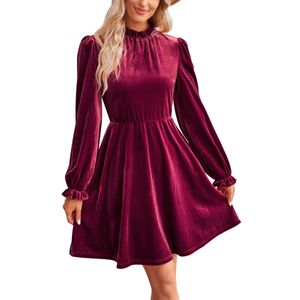 Damen Rundhals Minikleider Kurzkleid Ausgestattet Elegantes Langarm Samt Eine Liniekleider Weinrot,Größe:M