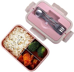 1000 ML Natürliche Weizen Sicherheit Bento Box mit Essstäbchen, Löffel für Kinder und Erwachsene Rosa