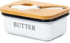 Theo Cleo Butterdose mit Deckel aus Bambus, Butterglocke Holz, Butter dish Für 250g Butter, Butter Box Dose, Buttermesser (Weiß)