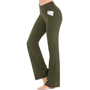 Damen Yogahose Schlaghose High Waist Sporthose Sporthose mit Taschen Freizeit Jazzpants Grün,Größe:L