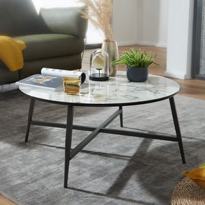 FineBuy konferenční stolek kulatý 88x37x88 cm s mramorovým vzhledem bílý, obývací stůl s kovovými nohami černý, moderní dekorativní stolek