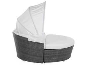 BELIANI Plážová židle šedá / krémová bílá polyratanová bavlna 2místná sluneční stříška vč. Polštářového osmanského stolu