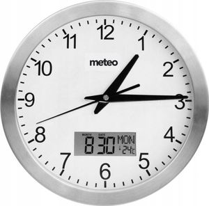 Nowoczesny zegar ścienny - Zegar pogodowy z cichym mechanizmem - Zegar biurowy z wyświetlaczem temperatury - Srebrny/Biały - Cyfrowy i analogowy - 24 cm