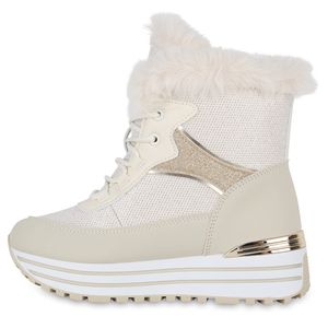 VAN HILL Damen Warm Gefütterte Sneakerstiefel Sneaker Kunstfell Schuhe 841426, Farbe: Beige, Größe: 40