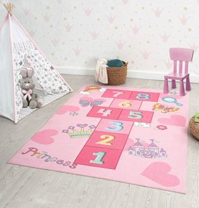 the carpet Happy Life Kinderzimmer, Kinderteppich, Spielteppich, Waschbar, Zahlenteppich, Hüpfteppich, Zahlen, Pink