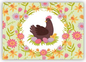 4x Lustige Blumen Osterkarte mit zufriedener Henne auf Ostereiern - zum Osterfest für Famiile & Freunde