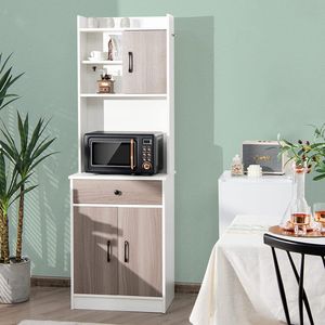 Drewniana szafka kuchenna COSTWAY 180 cm z szufladą, regulowanymi półkami i otworem na kabel, duża otwarta przestrzeń na kuchenkę mikrofalową, wolnostojąca, 60 x 40 x 180 cm biała