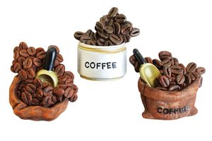 3er Set Kühlschrankmagnet Magnet Coffee Kaffee mit Kaffeebohnen, Kaffeesack & Kaffeedose Größe 6cm