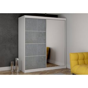 Schwebetürenschrank Kleiderschrank Schrank Garderobe Spiegel Beton (Weiß/Beton) + Spiegel