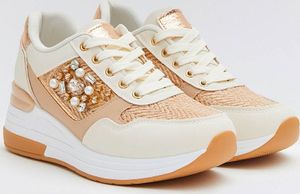 Buonarotti - Wedge-Sneakers Weiß Canvas Bronze Metallic Perlen - 39 EU - Weiß