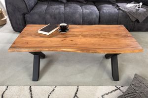 Massivholz Couchtisch MAMMUT 120cm Akazie Honey Finish X-Gestell schwarz 2,5cm Tischplatte