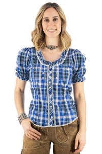 OS Trachten Damen Bluse Kurzarm Trachtenbluse mit Rundhalsausschnitt Smussu, Größe:36, Farbe:kornblau