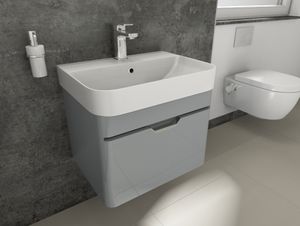 Aqua Bagno Badmöbel Set grau mit Waschbecken mit Unterschrank Gästebad Waschtisch aus Keramik Waschbeckenunterschrank  lackiert hochglanz klein 57cm