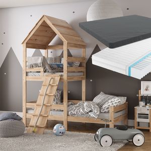 VitaliSpa Spielturmbett – Kinderbett inkl. Matratze 90x200 cm, Hochbett – Buche Massivholz