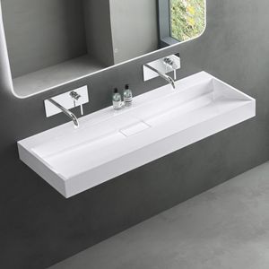 Mai & Mai Waschbecken Aufsatzwaschbecken matt Weiß Hänge-Waschtisch Rechteckig ohne Armaturenloch Breite: 120cm inkl. Ablaufgarnitur Col19