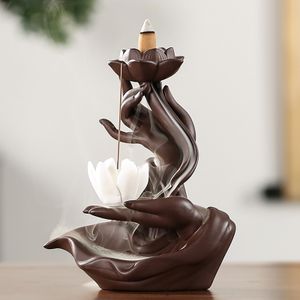 Keramik Räucherstäbchen Halter Räuchergefäß Räucherwasserfall Lotus und Buddha Hand