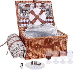 Weiden Picknickkorb für 4 Personen mit wasserdichter Picknickdecke, Picknick-Set Braun