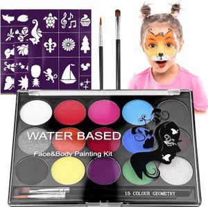 kinderschminke set, 15 bodypainting farben, Gesichtsfarben Körperfarbe mit 2 Pinsel und 40 Schablonen für Karneval Make-up Fasching, Waschbar face paint kinderschminken Bodypaint Schminkset